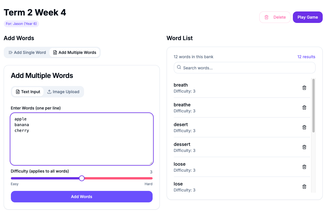 Word Banks Screen